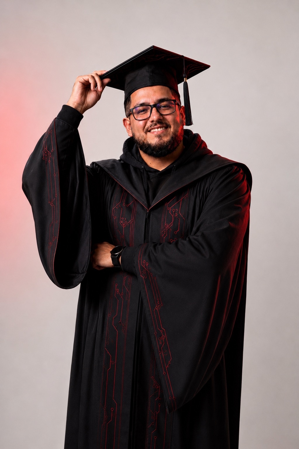 Rodrigo at his graduation, in cap and gown