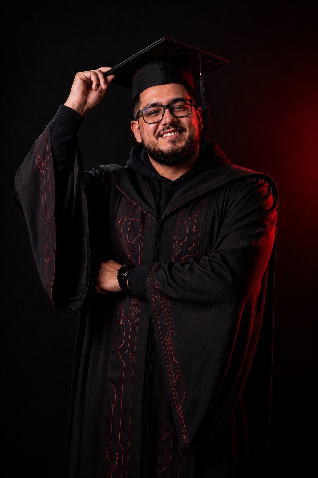 Rodrigo at his graduation, in cap and gown
